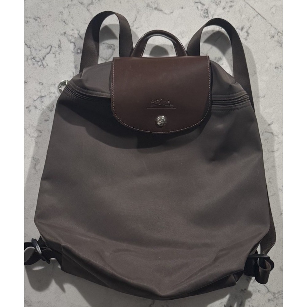 Longchamp Le Pliage Nylon Backpack Brown Leather Flap Travel Bag Made in France